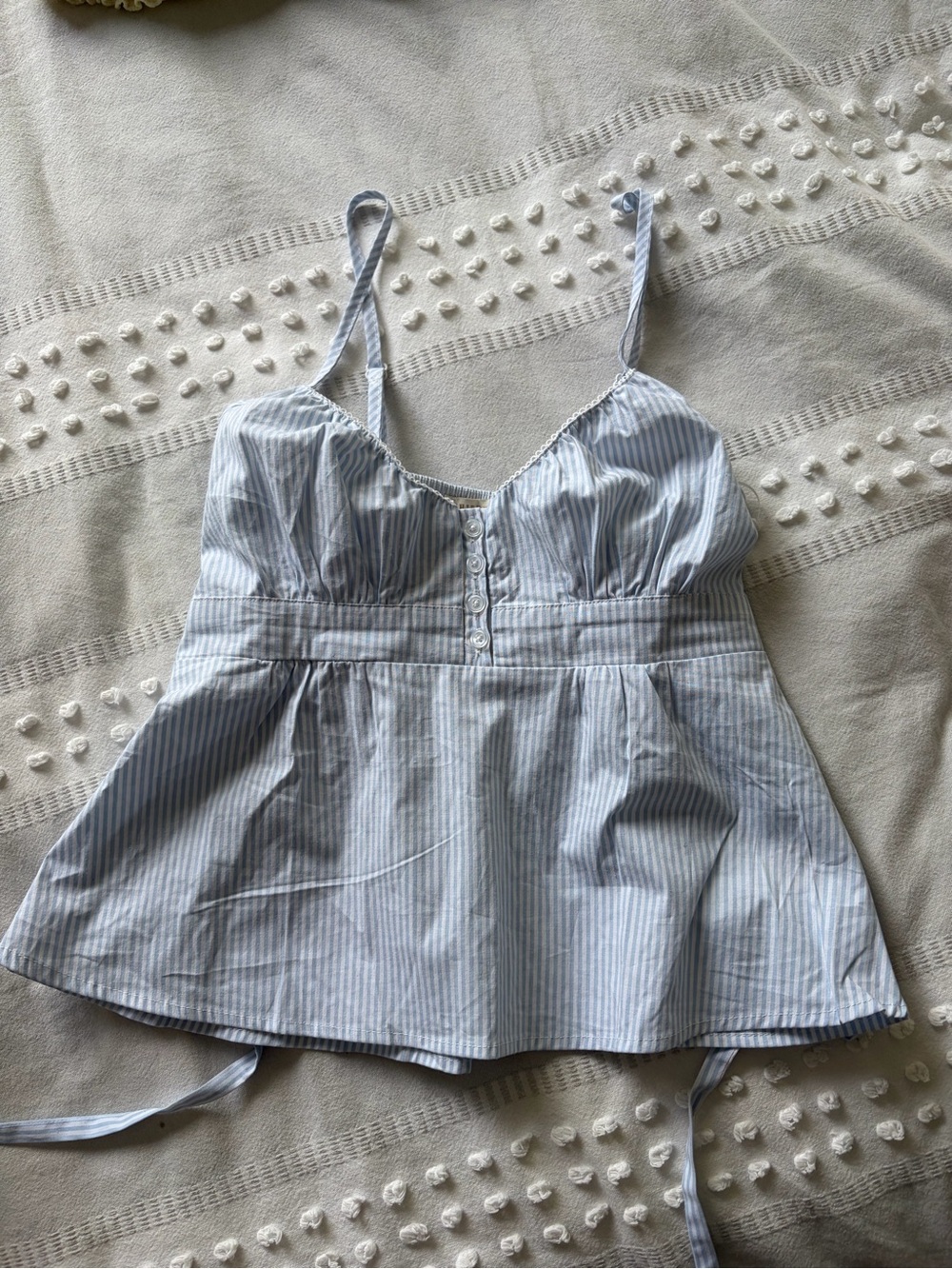 Blue Seersucker Striped Spaghetti Strap Babydoll Top
